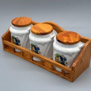 Vintage Ceramic Canister Trio With Grape Motif And Wooden Rack